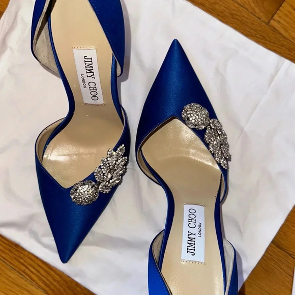 Jimmy Choo Blue Satin Crystal Embellished D'ORSAY Heels Pump US 8.5 / 38.5 - Picture 6 of 6